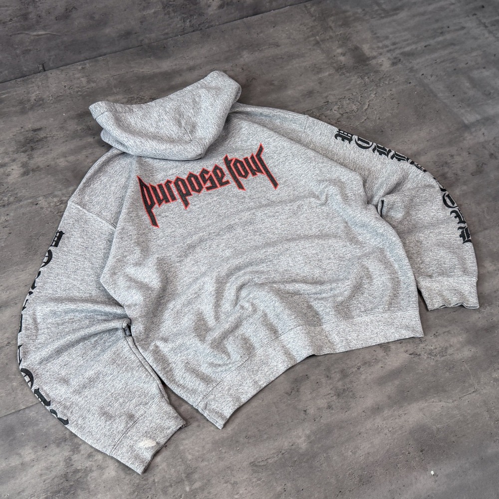 Y2K 2010's Justin Bieber Purpose Tour Boxy Thrashed Grey Pullover Hoodie